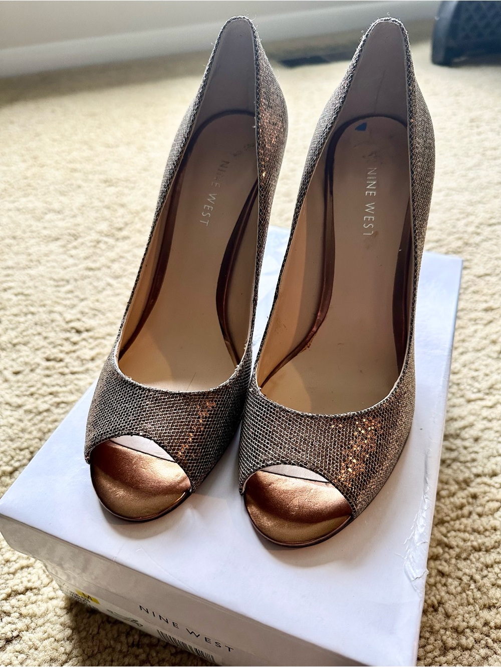 Nine West Rose Gold Glitter Peep-Toe Heels